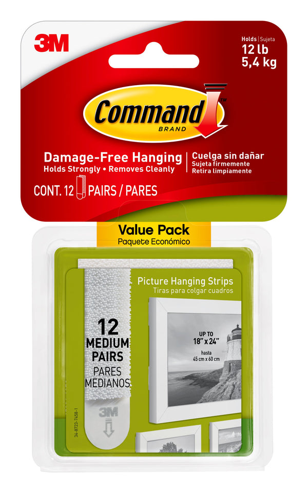 Medium Picture Hanging Strips, White, 12 Pairs Per Pack