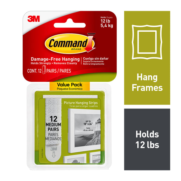 Medium Picture Hanging Strips, White, 12 Pairs Per Pack
